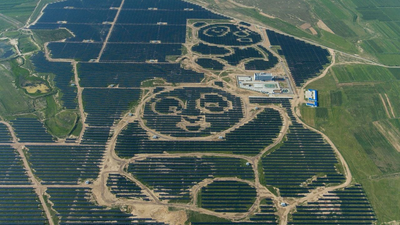 Aerial view of massive solar panel farm in China
