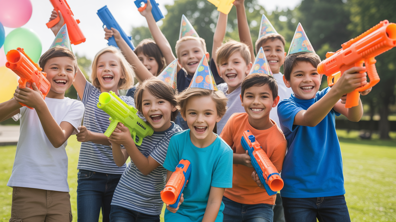 Birthday party group photo with children holding Nerf guns