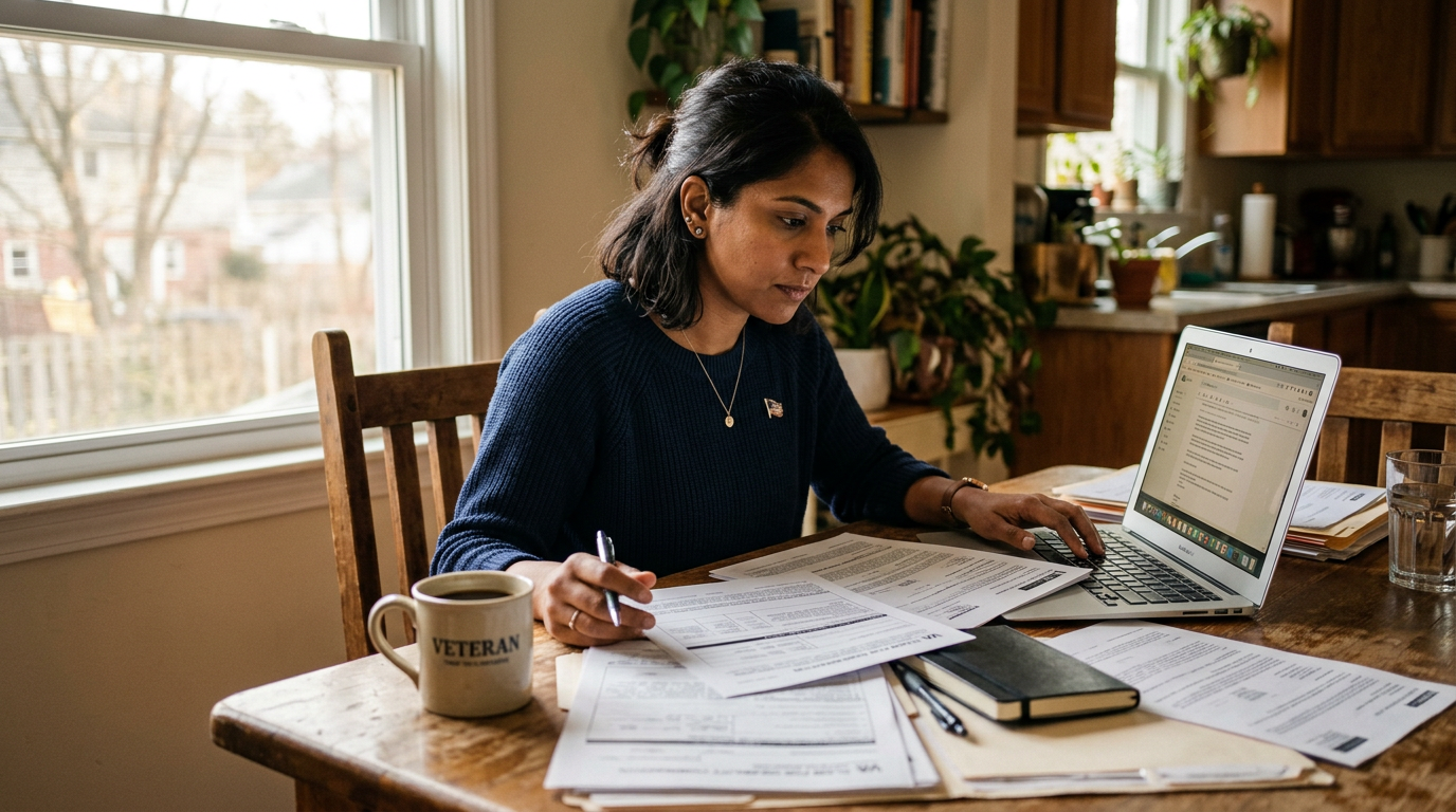 A veteran reviewing VA disability claim paperwork at home