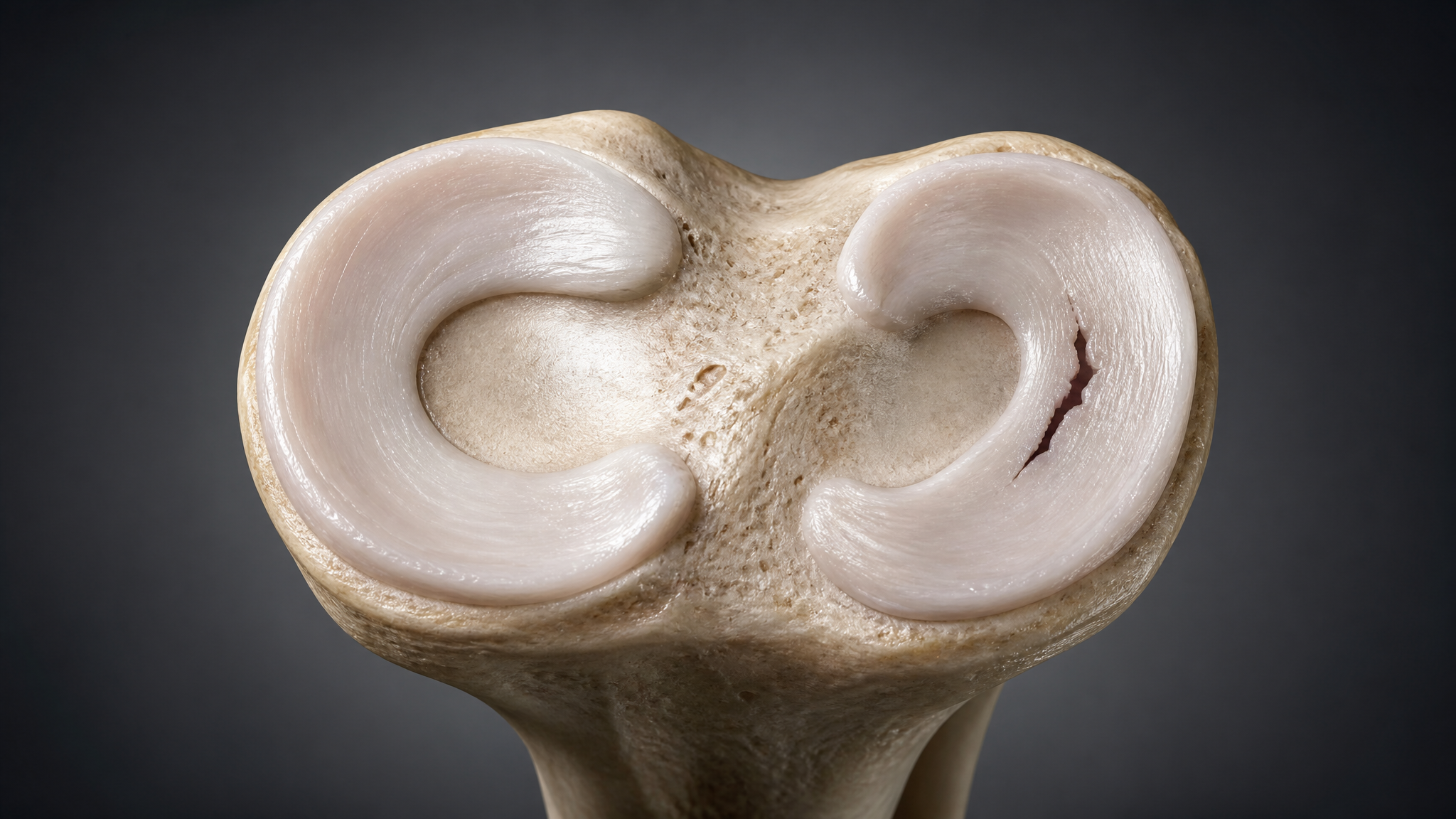 3D anatomical render of the knee joint showing the cartilage surfaces between the femur and tibia in a dark cinematic setting, with no labels