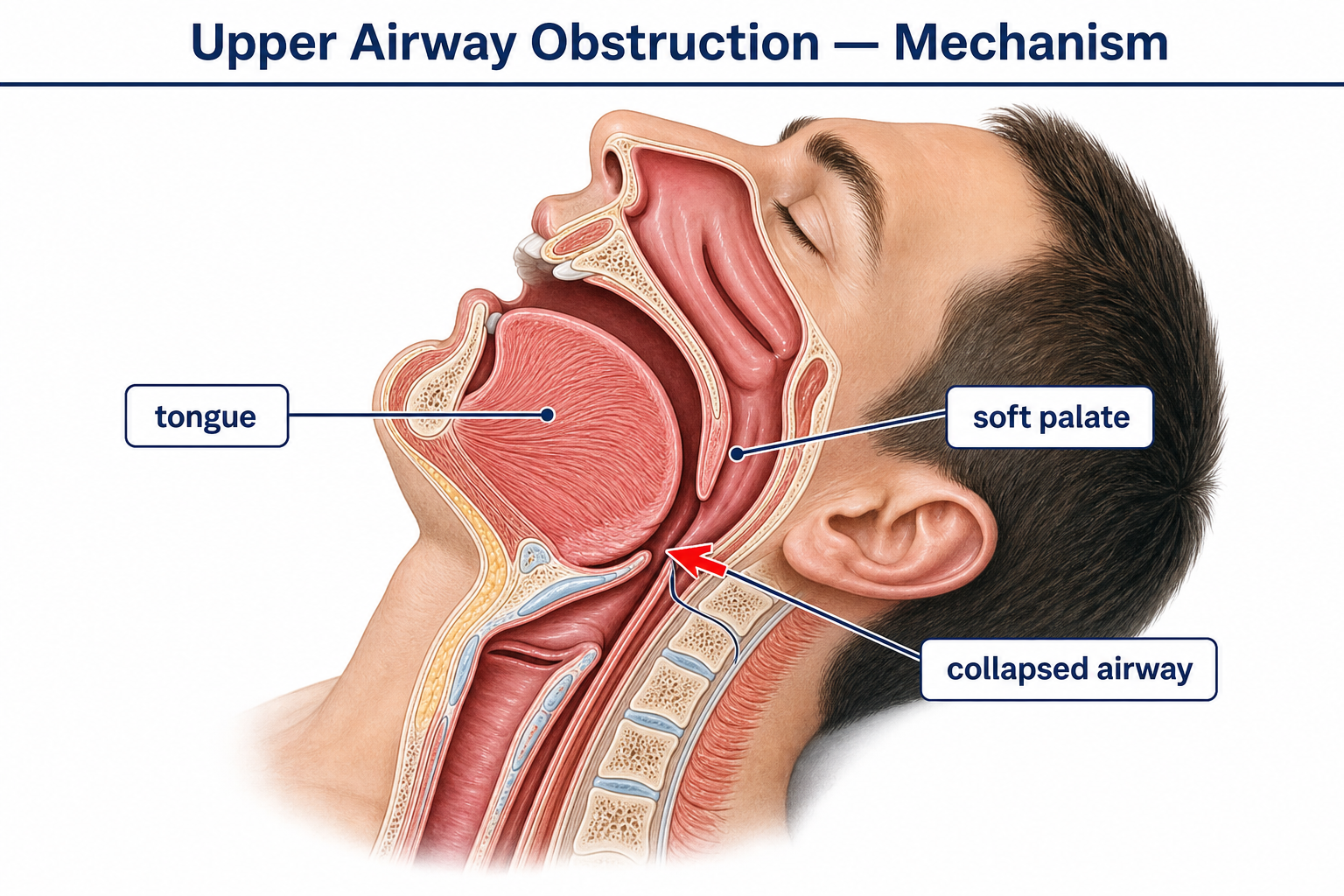 Anatomical cutaway diagram of the upper airway during sleep with the tongue, soft palate and collapsed airway labeled, showing the mechanism of obstructive sleep apnea