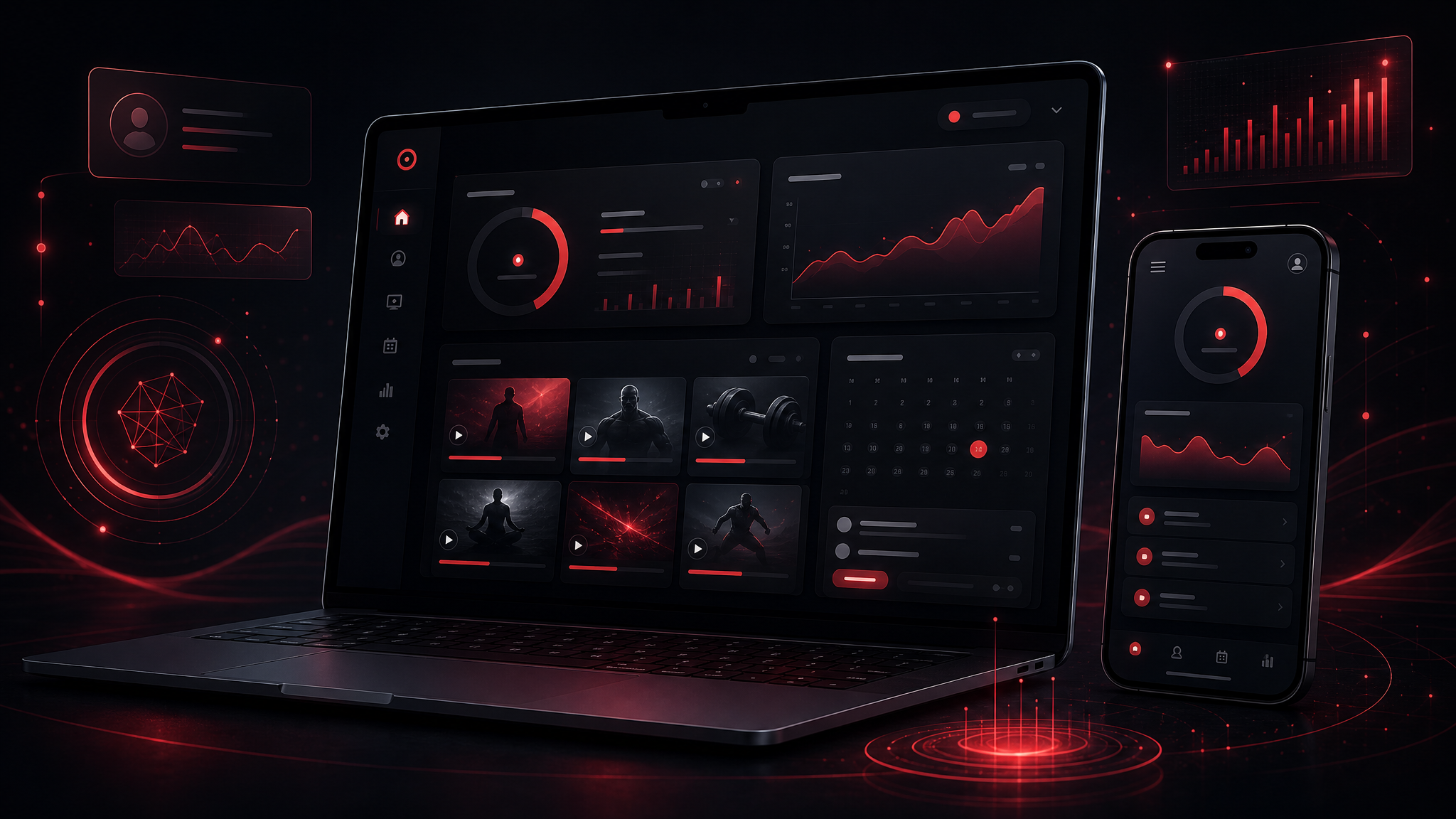Concept of a dark-mode client portal dashboard on laptop and phone with crimson accents