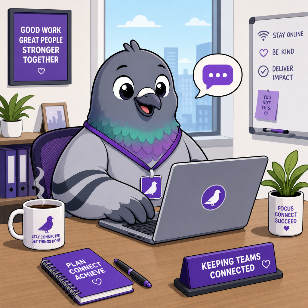 Pigeon mascot in a professional office setting with laptop and coffee