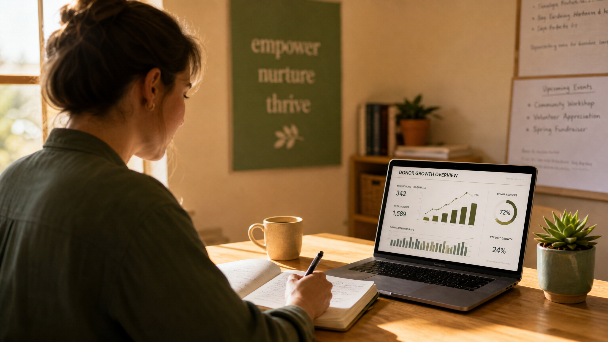 A nonprofit development professional reviewing donor growth charts on a laptop at a sunlit wooden desk