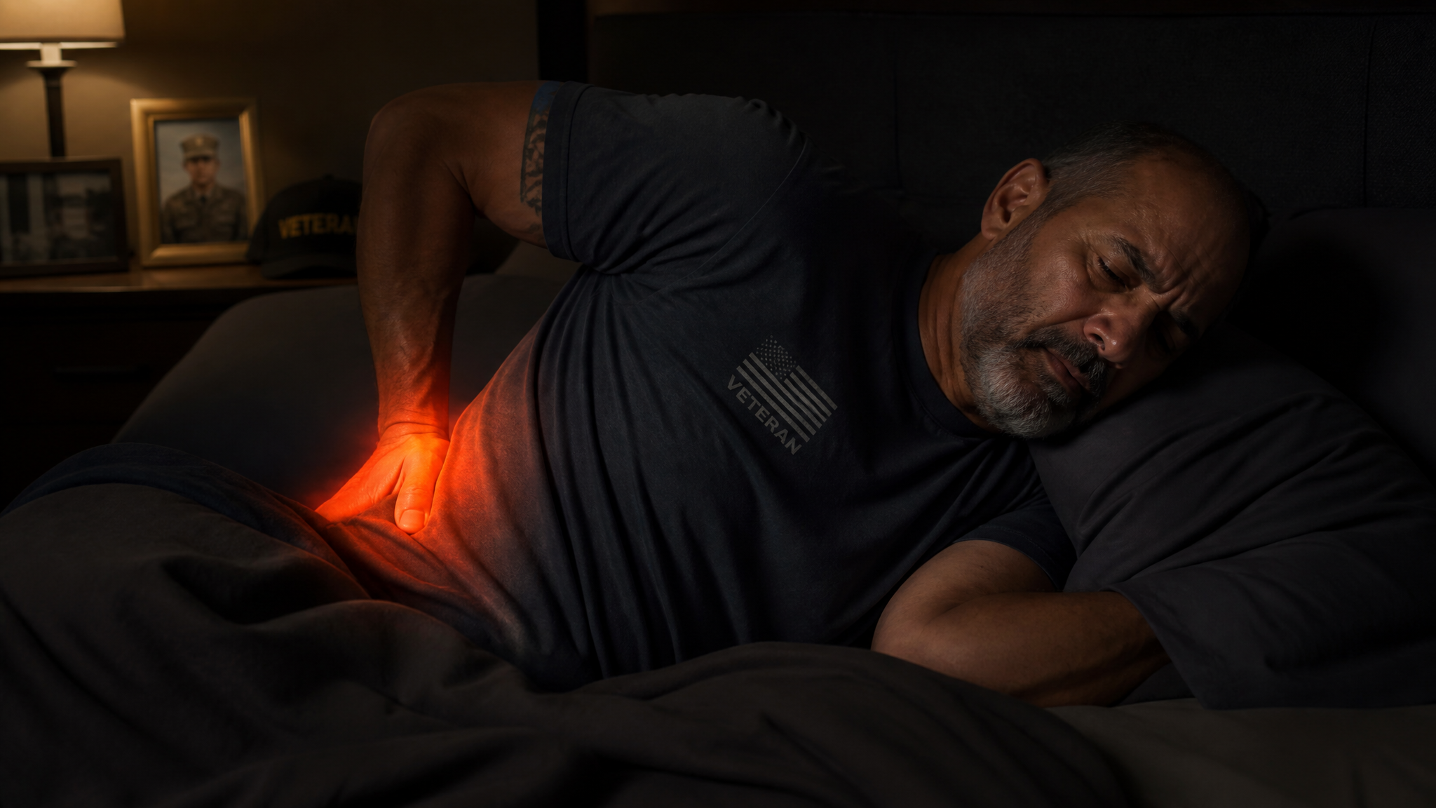 Clinical teaching photograph of a patient lying awake on their side with a hand pressed against an inflamed lower back