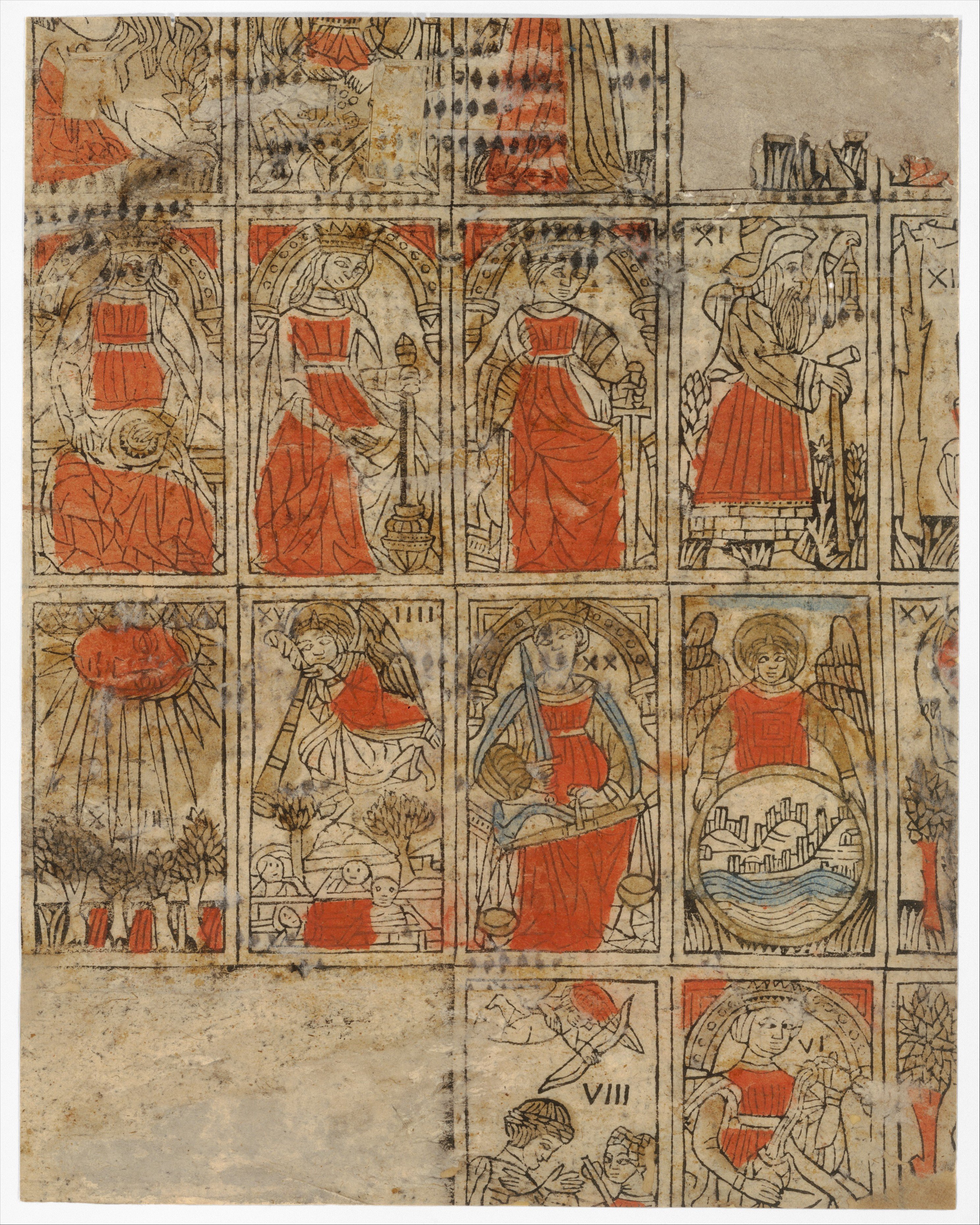 Hand-painted Italian Renaissance tarocchi cards with gilded backgrounds