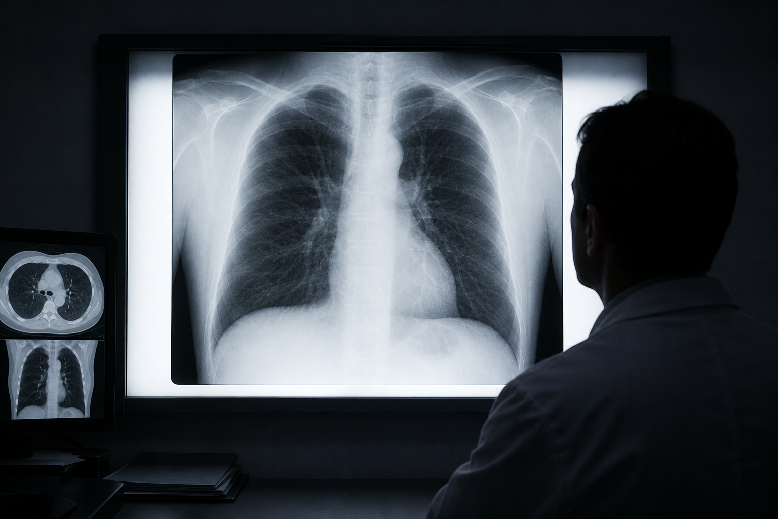 A radiologist reviewing chest X-ray and CT lung images on diagnostic reading-room monitors in a darkened clinical setting