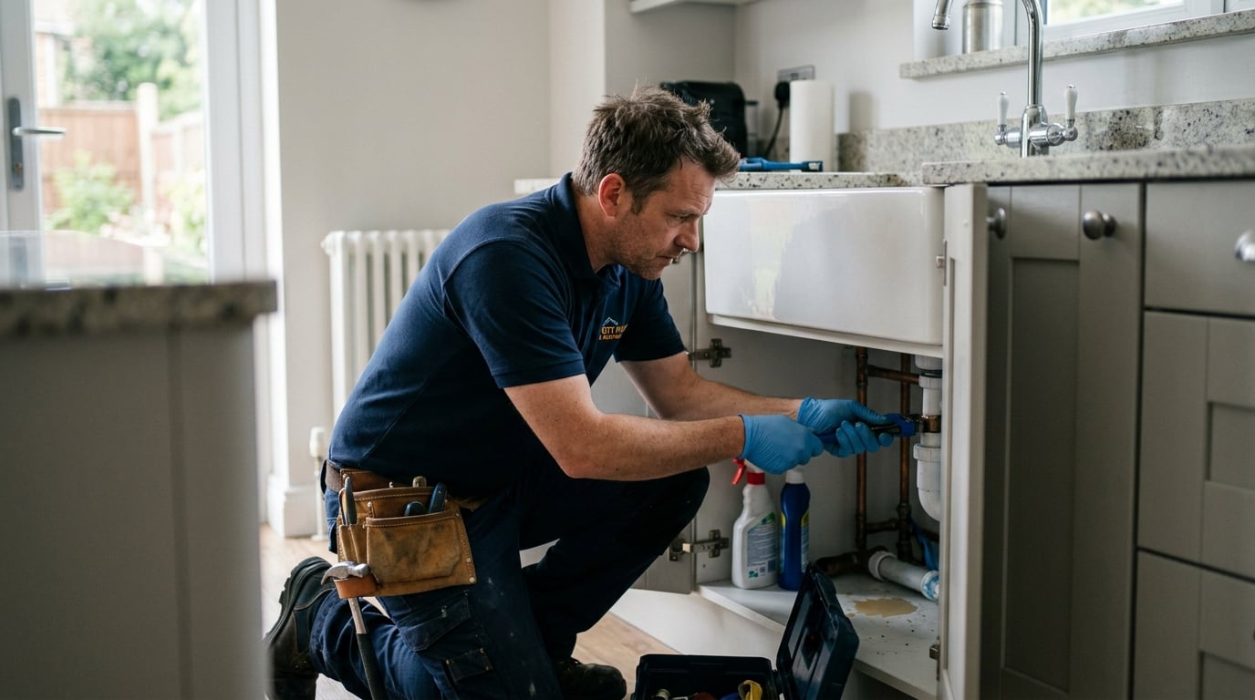Tradesperson busy working on a plumbing repair, unable to answer phone calls