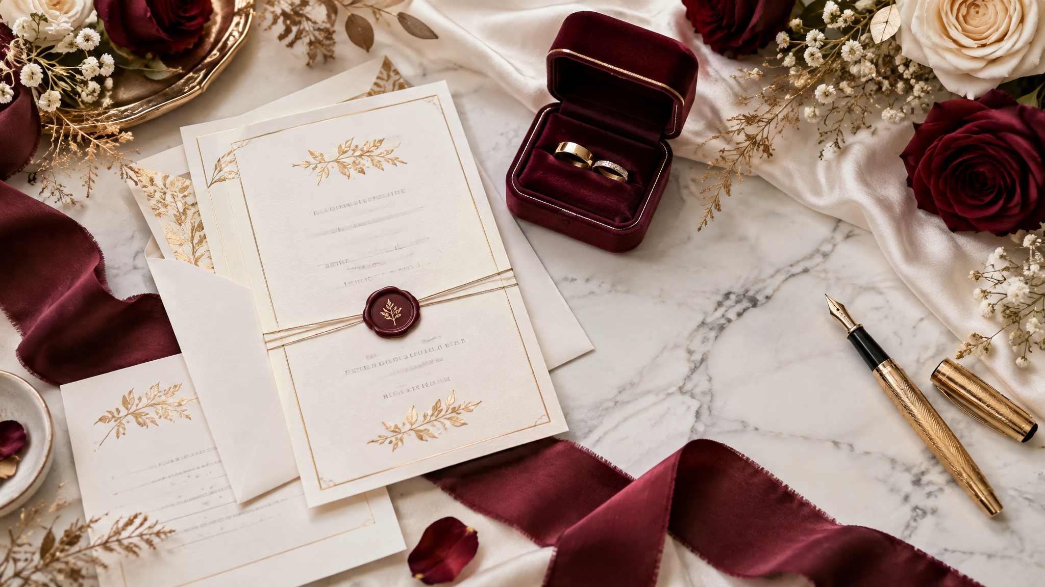 Elegant wedding planning flatlay with stationery, flowers, and gold rings