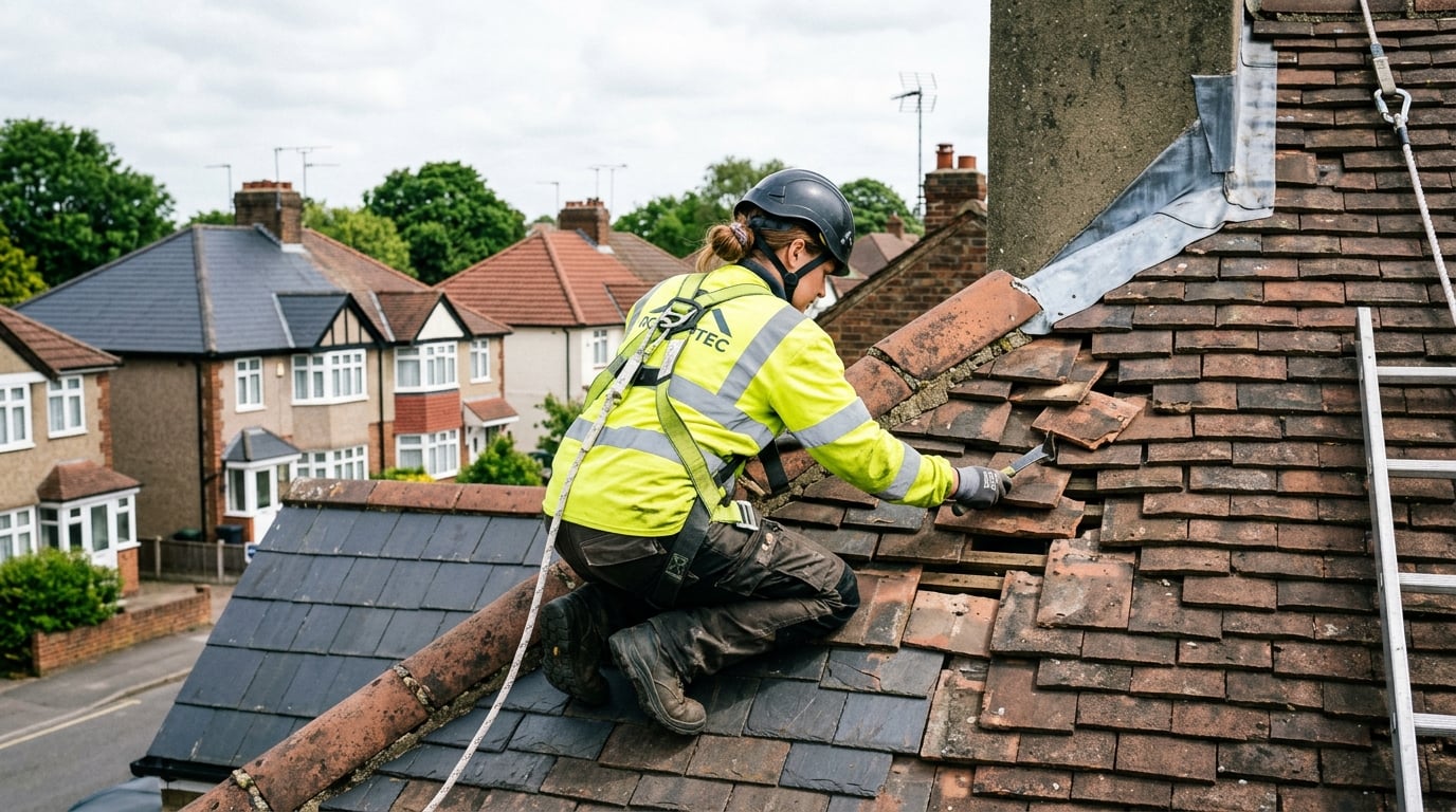 Roofer inspecting roof damage from above