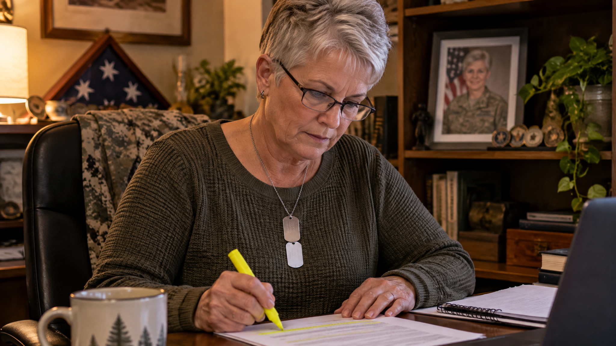 A woman veteran wearing her dog tags reading a page closely with a highlighter in her hand