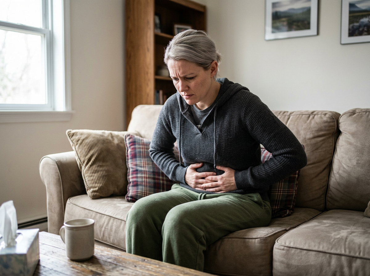 White female veteran on couch holding abdomen showing gastrointestinal distress from IBS