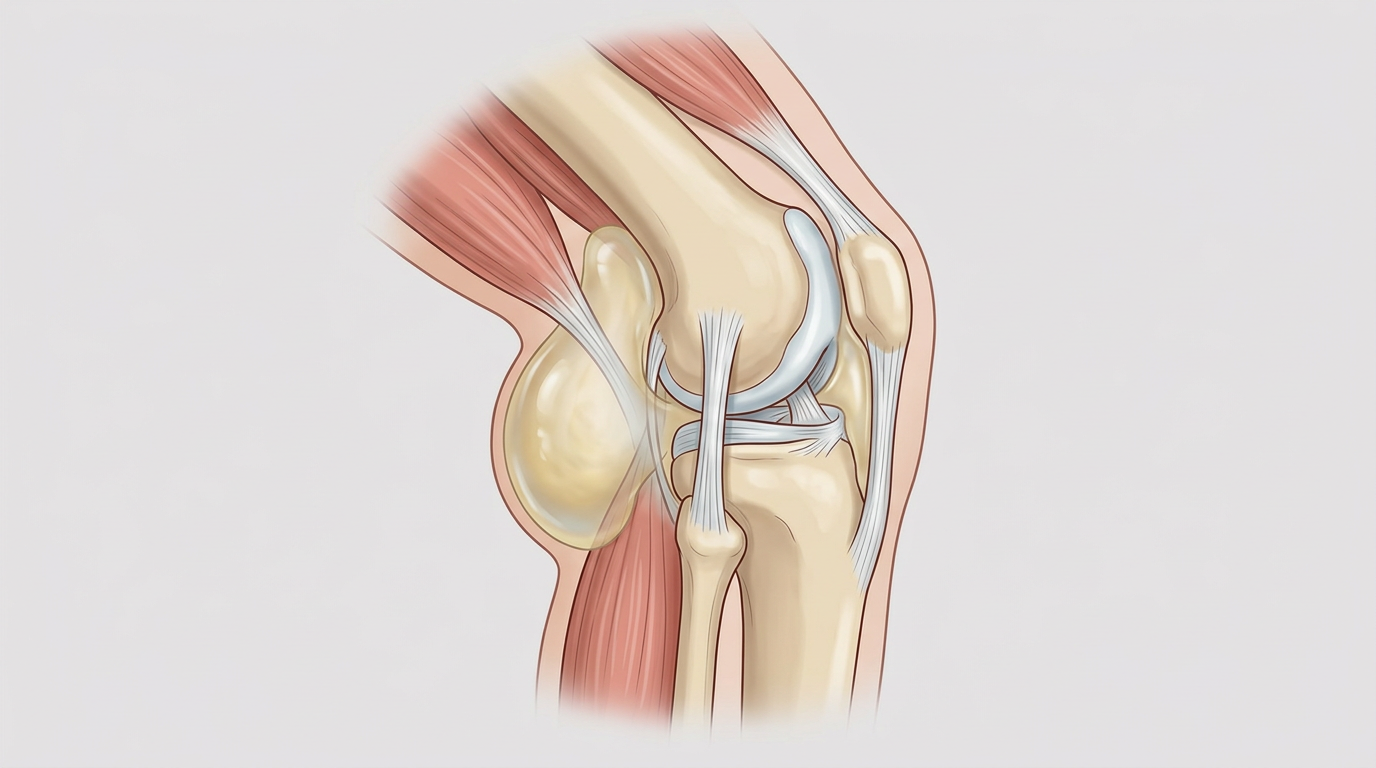 Illustration of a swollen knee with visible fullness behind the joint blocking the bending motion
