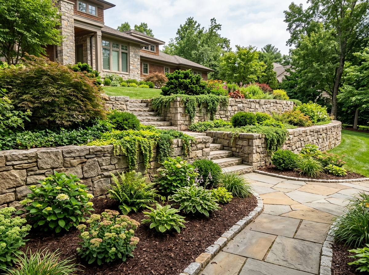 Professional stone retaining wall with tiered landscaping