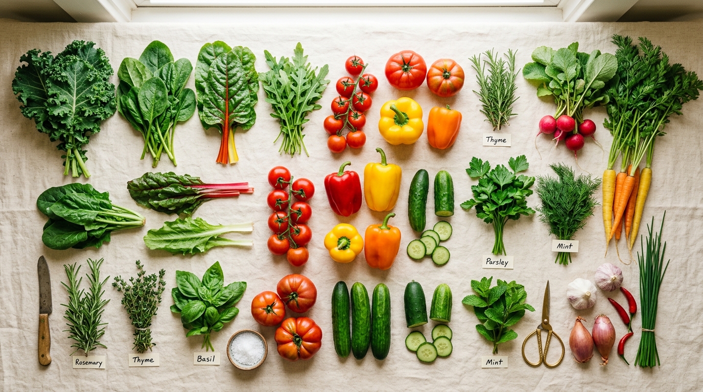 Fresh herbs and vegetables arranged beautifully