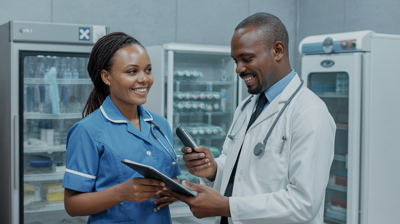 Kenyan healthcare workers at modern clinic with cold chain storage for vaccines and pharmaceuticals