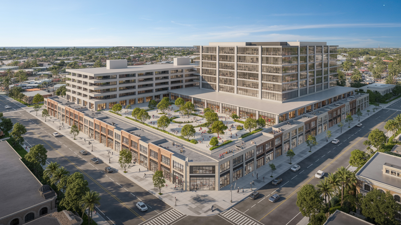 Aerial skyview rendering of Oakland Park Convention & Workforce Innovation Center showing 6-story convention center, 5-floor parking garage, retail spaces, and residential units