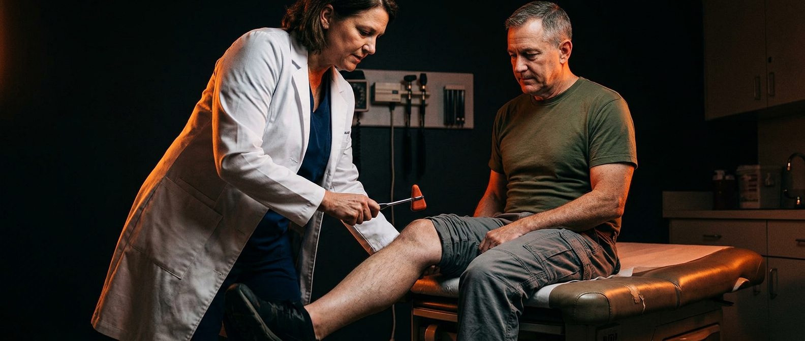 A C&P medical examiner testing the patellar knee-jerk reflex on a seated male veteran with a reflex hammer on the quadriceps tendon, in a dimly lit clinical exam room