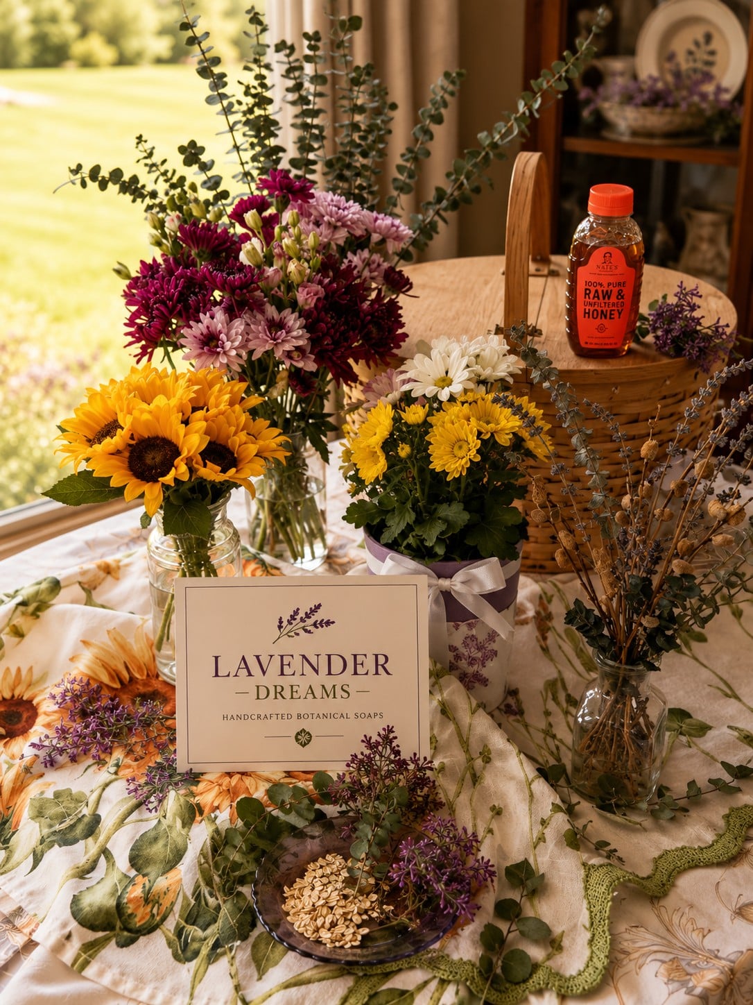 Lavender Hazy botanical ingredients and handcrafted soaps display
