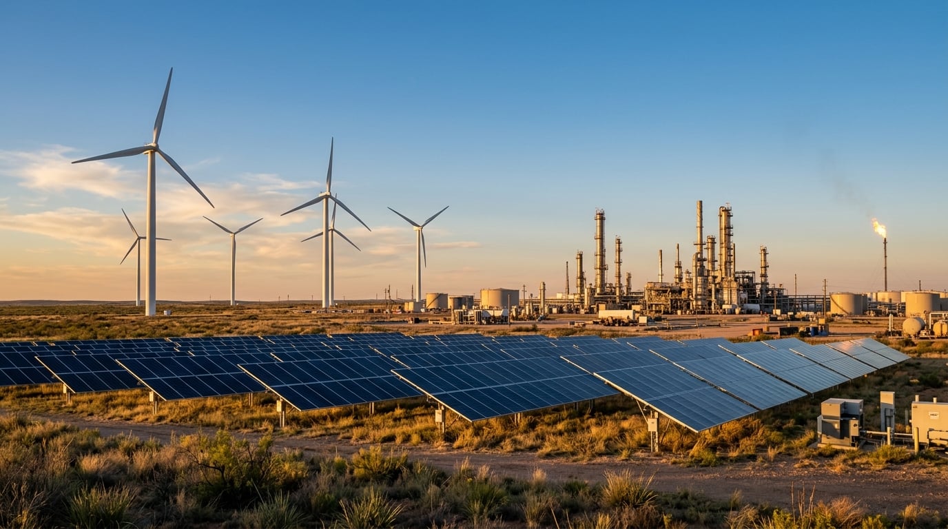 Renewable energy solar panels and wind turbines alongside traditional oil and gas infrastructure