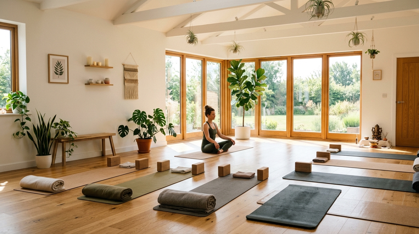 Bright yoga studio with natural light, plants, and yoga mats