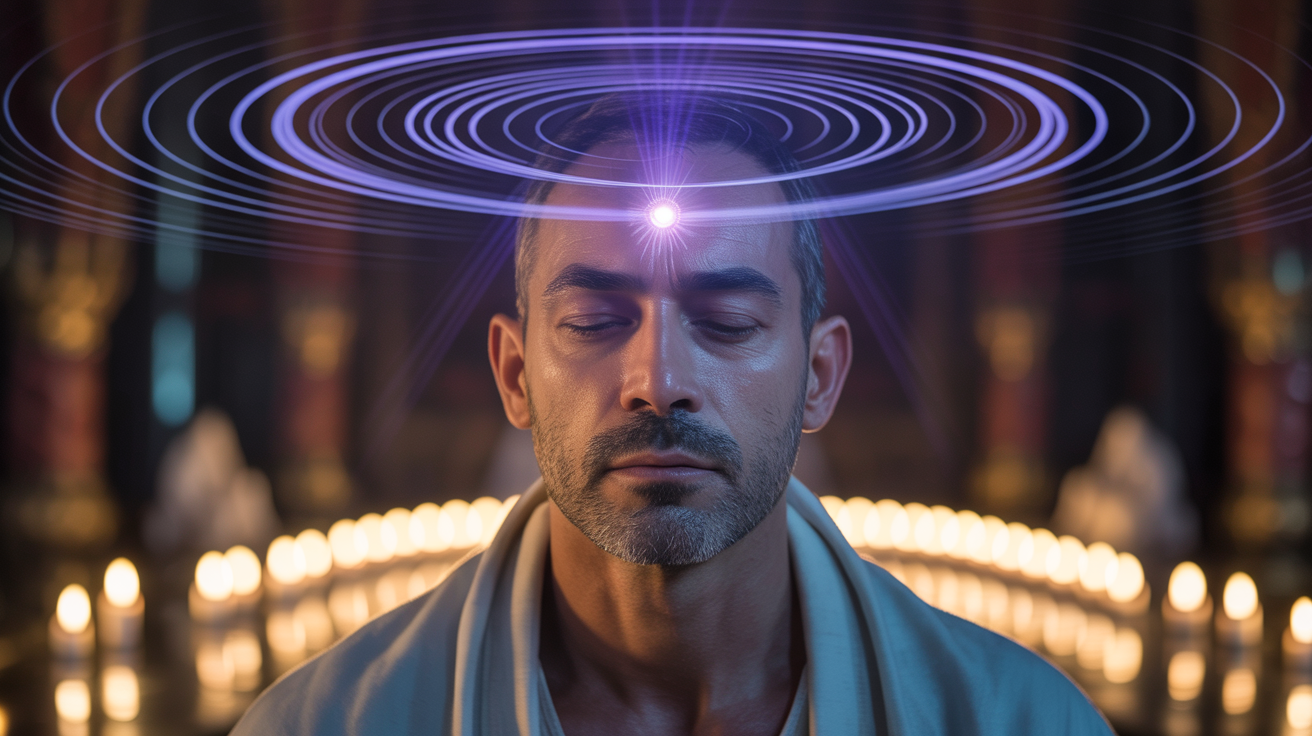 Muškarac u hramu sa zatvorenim očima dok mu indigo svetlost iz trećeg oka osvetljava lice i koncentrični krugovi svetlosti formiraju talase