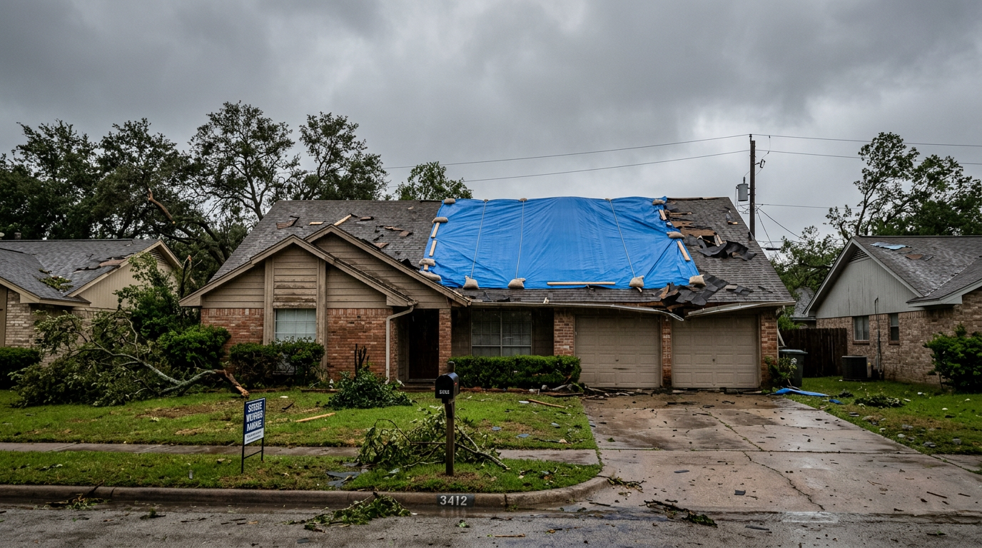 Storm-damaged Texas home roof partially covered with a blue emergency tarp
