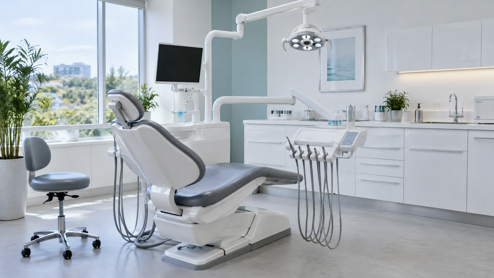 Gabinete de medicina dentária moderno com cadeira de tratamento e equipamento clínico.