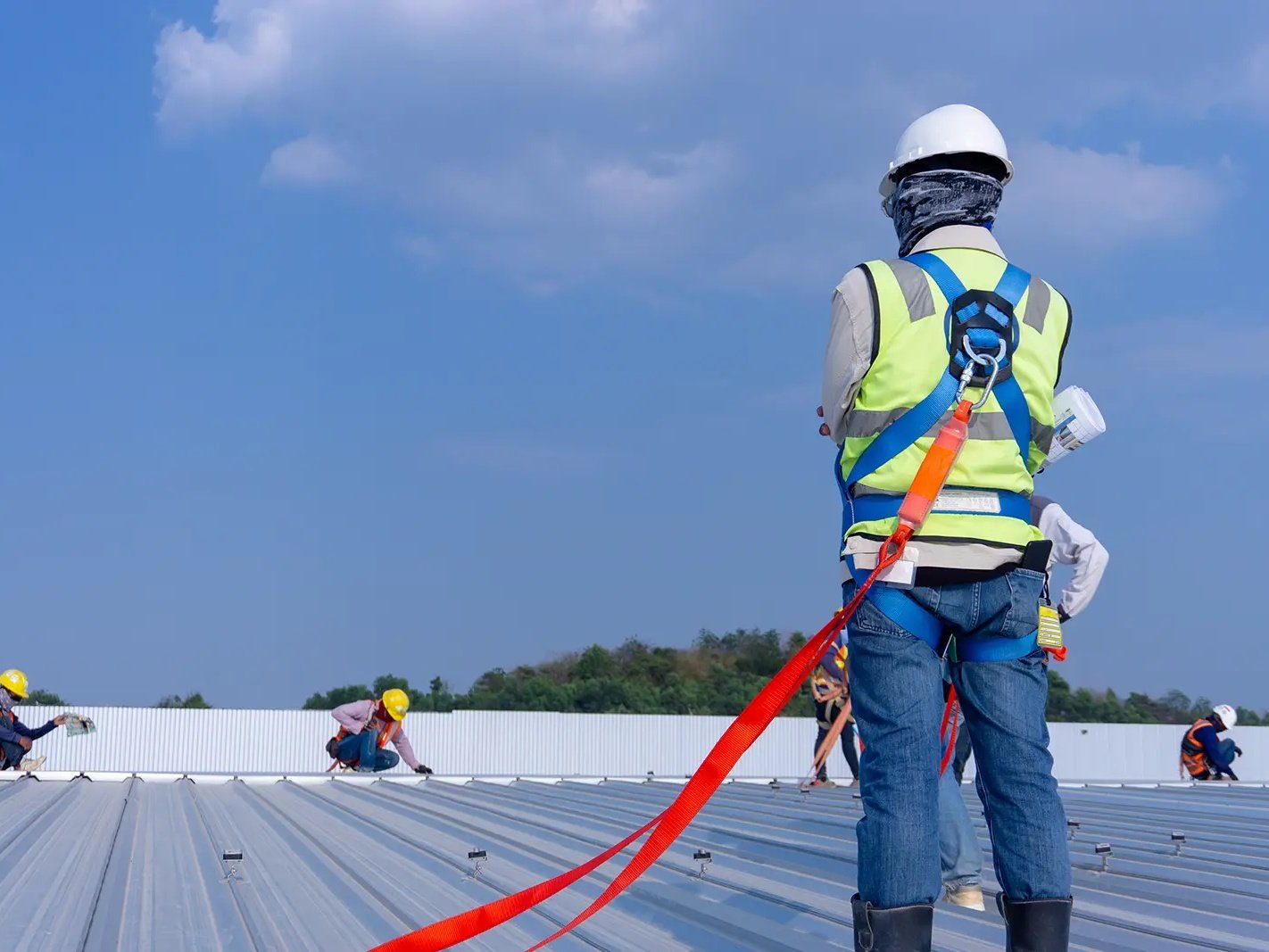 Professional roofing team at work
