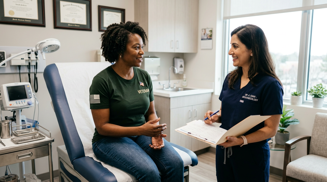 A woman veteran speaking privately with a healthcare provider about a urinary condition