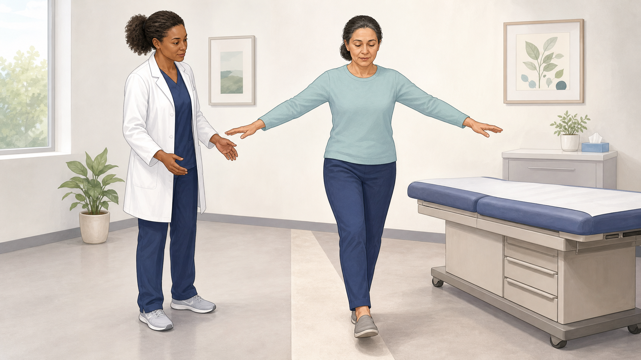 Illustration of a clinician observing a patient perform a heel-to-toe tandem balance walk in an exam room, standing nearby ready to steady the patient