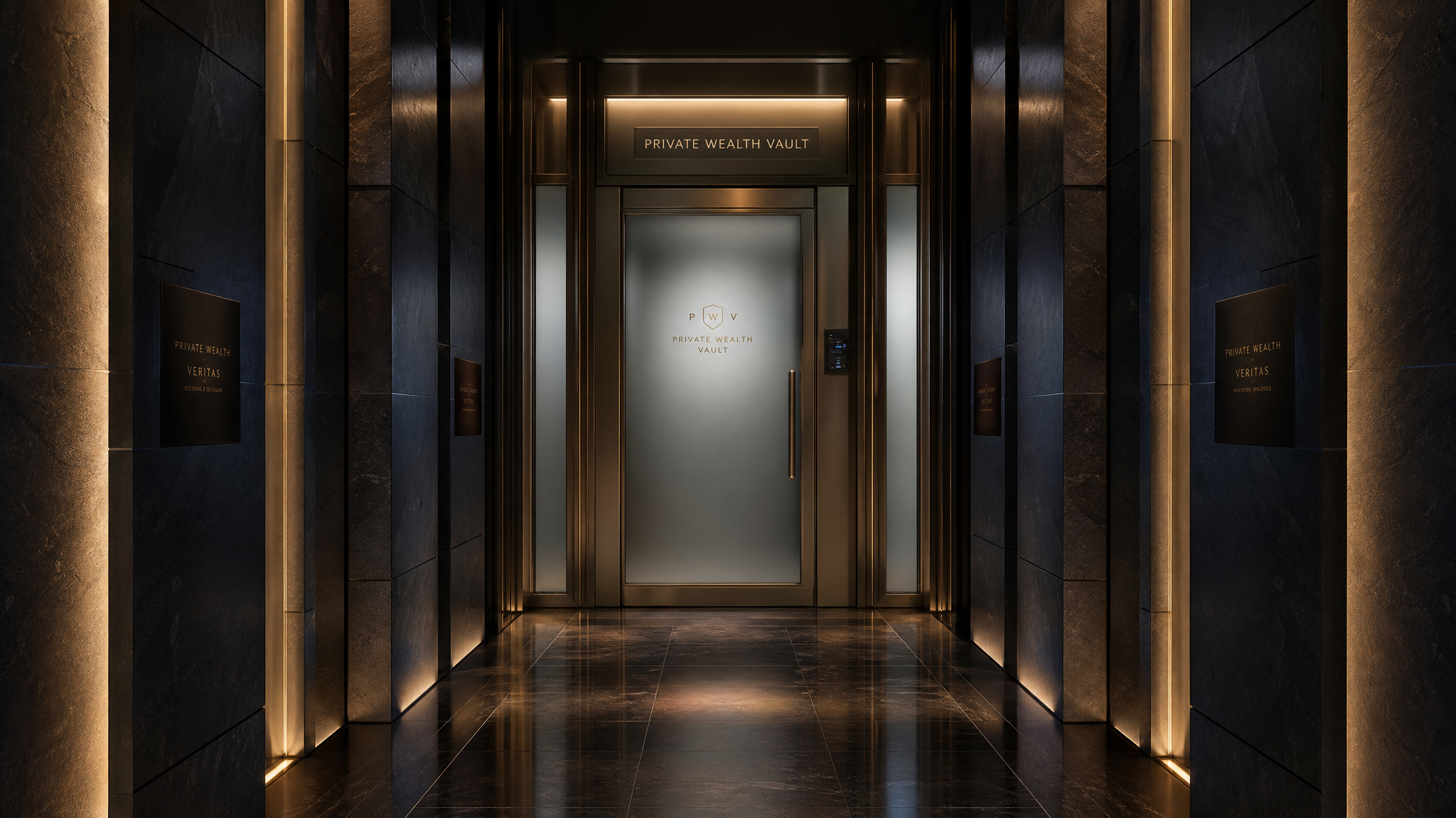 Elegant dark architectural corridor leading to a secured private entrance