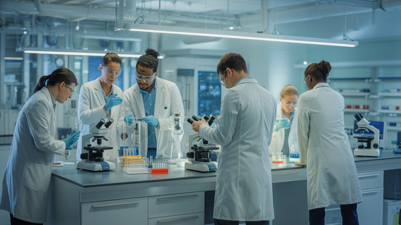 Medical science laboratory with scientists working in advanced pharmaceutical research facility