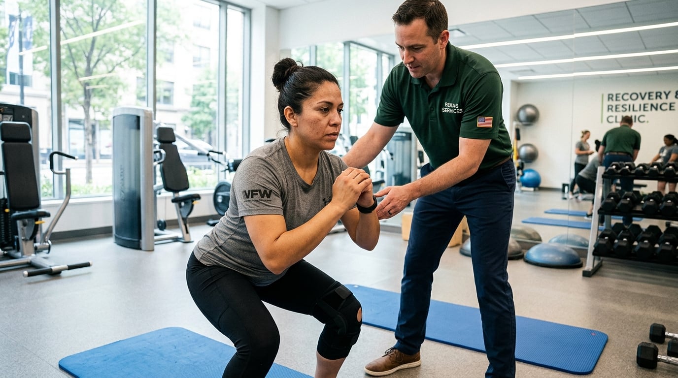 A woman veteran doing guided rehab exercises