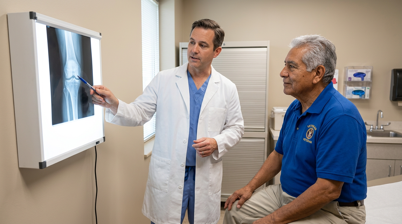 Orthopedic doctor reviewing knee X-ray on screen with Hispanic male veteran in exam room