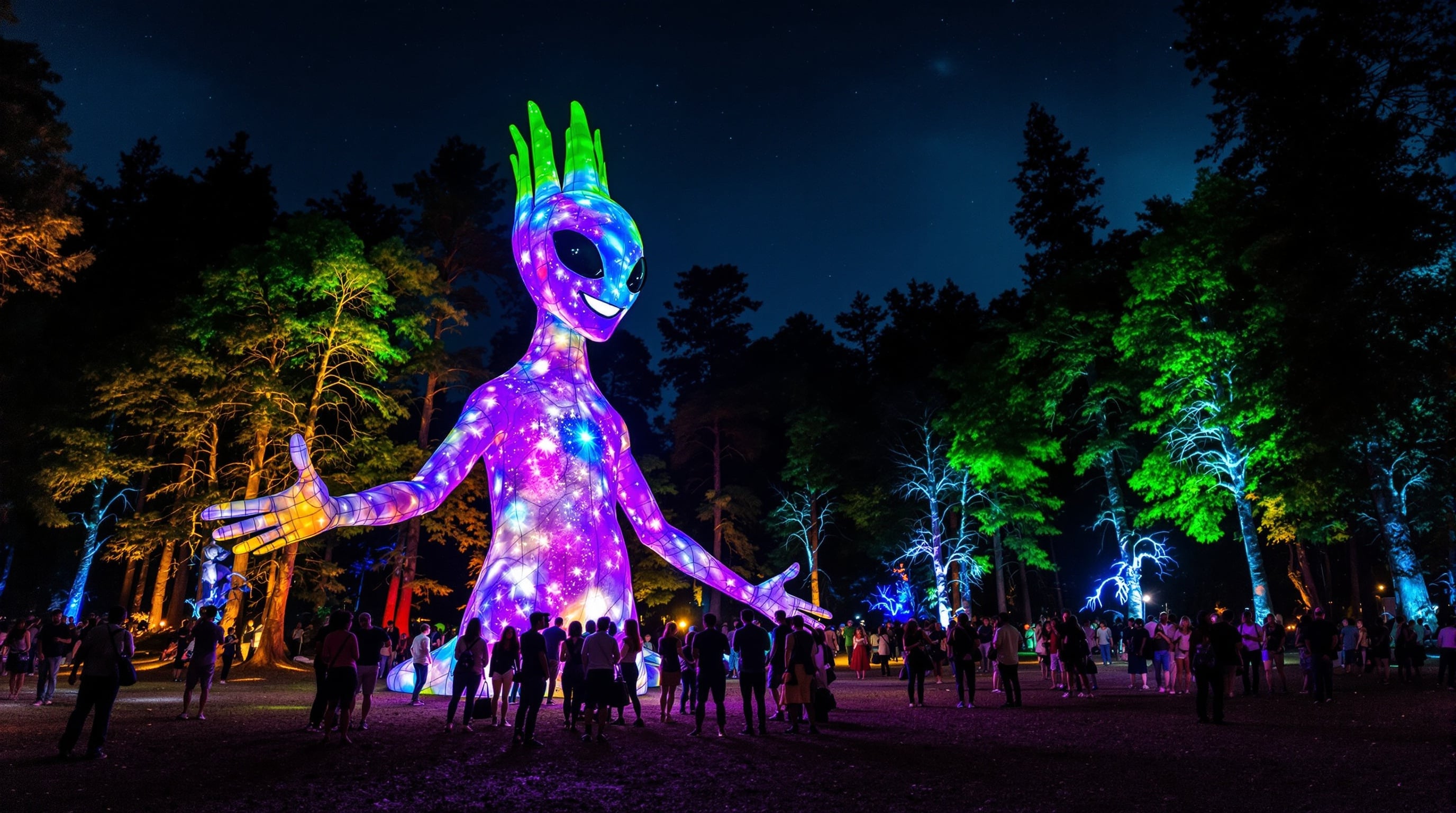 Giant friendly alien sculpture glowing in the forest clearing at night