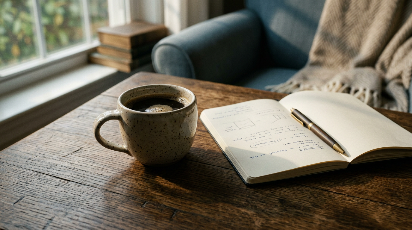 Xícara de café sobre mesa com caderno aberto, momento de reflexão e planejamento