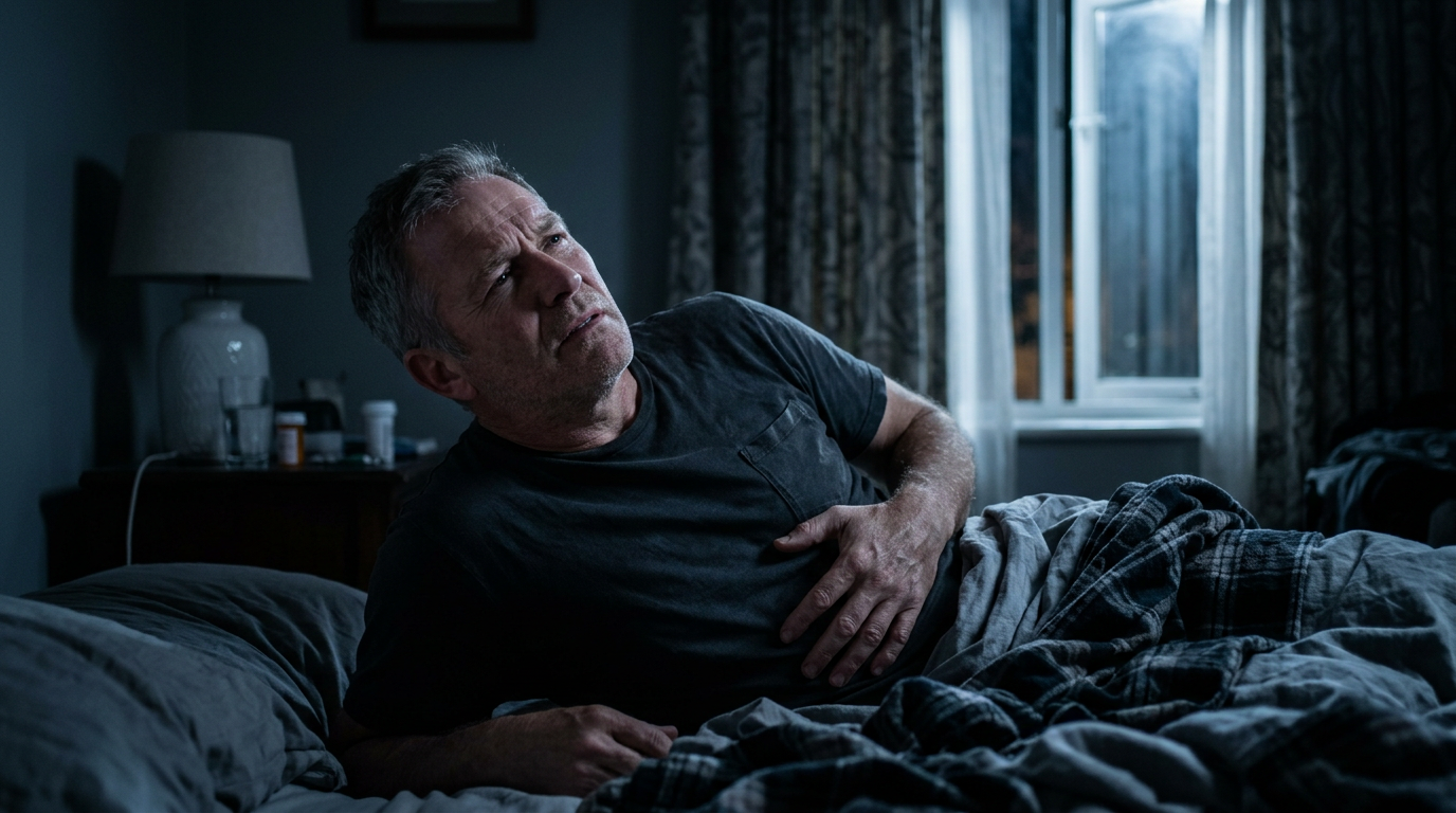 Photograph of a veteran lying awake in bed at night, one hand pressed to the side of his ribs, unable to get comfortable
