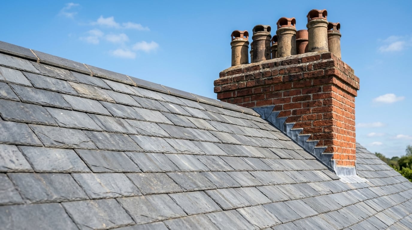 Grey slate roof with a repointed brick chimney