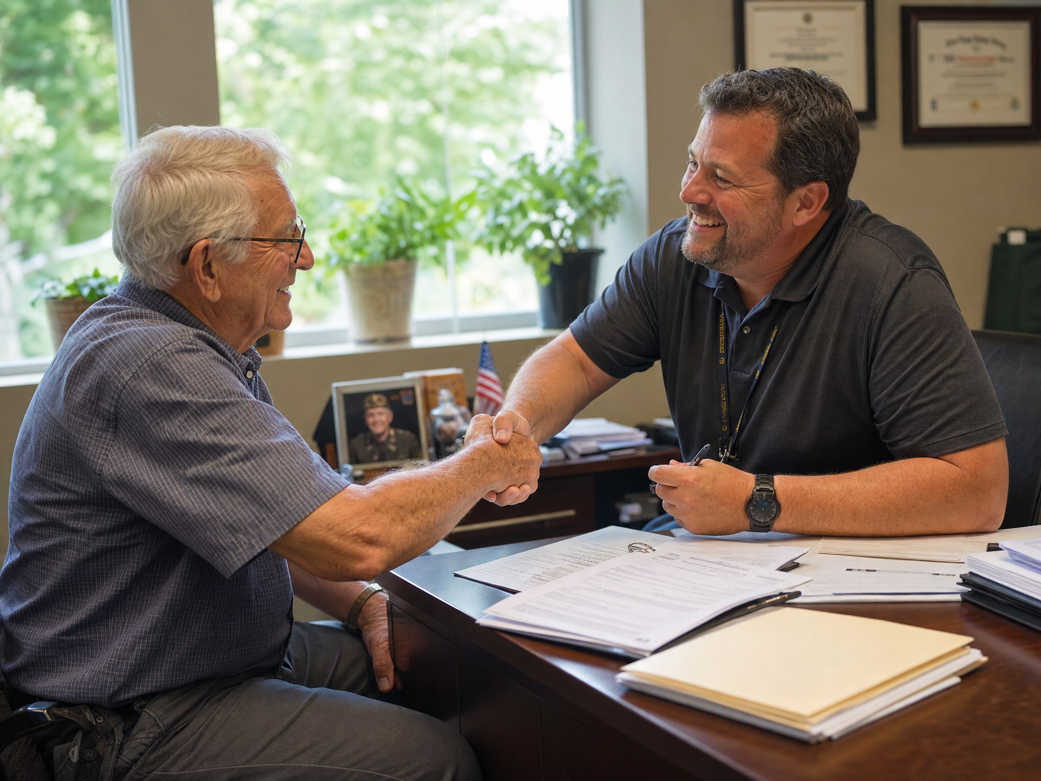 A friendly benefits advisor sitting with a senior veteran, answering his questions