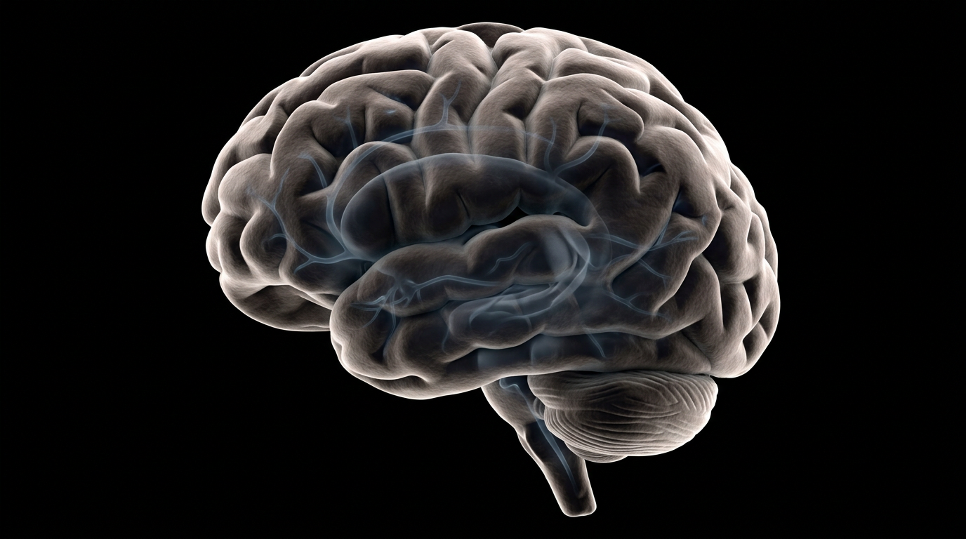 A 3D anatomical render of a human brain on a dark background with fading blue-gray neural pathways representing depleted serotonin and dopamine activity
