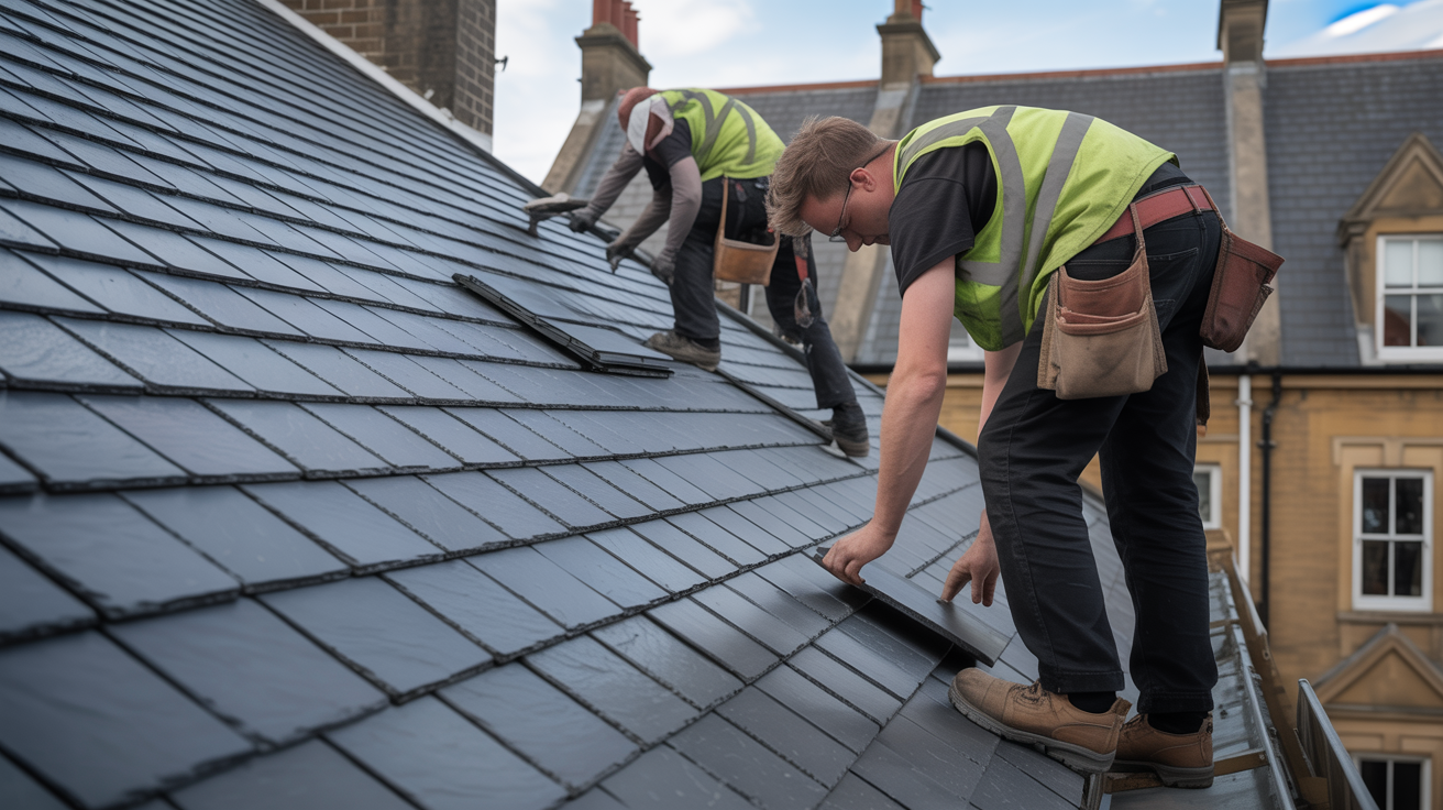 Professional roofing crew working on slate roof installation