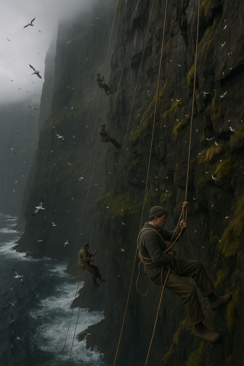 Faroese egg collectors on dramatic sea cliffs