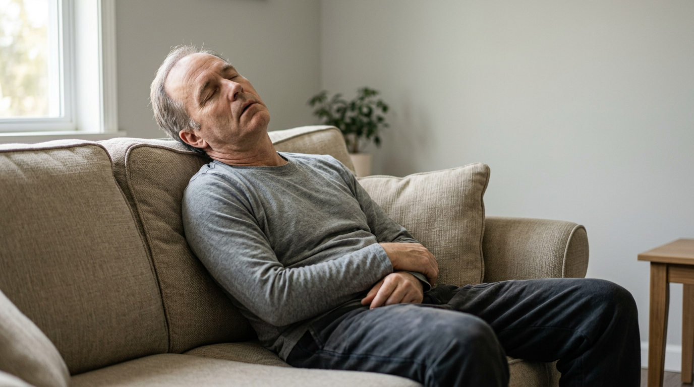 White male veteran in his fifties collapsed and slumped on a living room couch mid-day, utterly drained by chronic fatigue