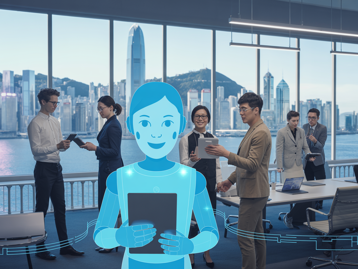 AI agent holographic assistant in modern Hong Kong office