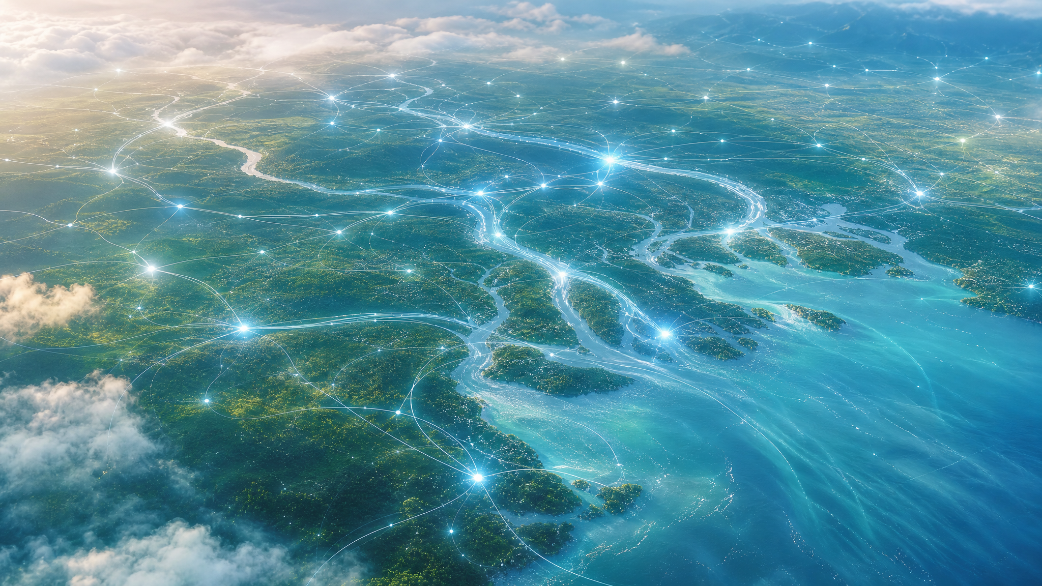 Aerial view of branching rivers merging into a sea overlaid with a glowing network of connected nodes