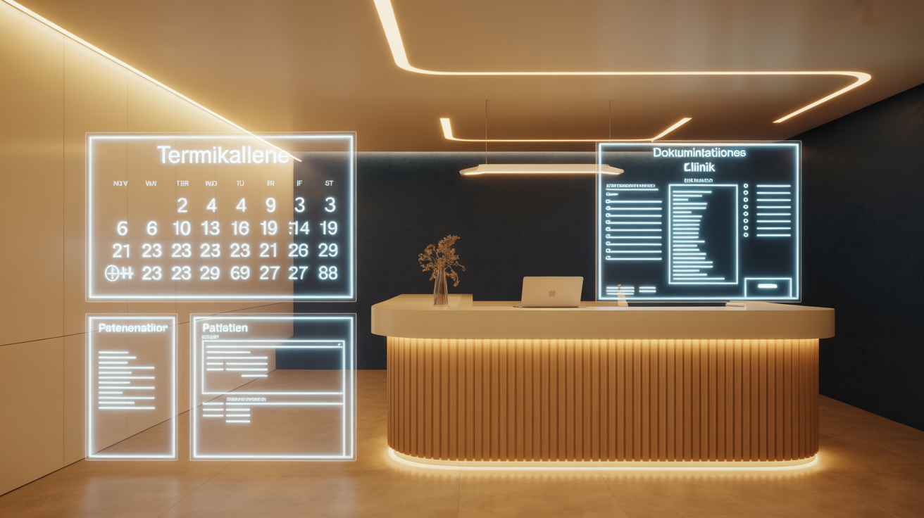 Moderner Praxisempfang mit goldenem Licht und holographischen Terminkalendern – KI-Administration im Gesundheitswesen