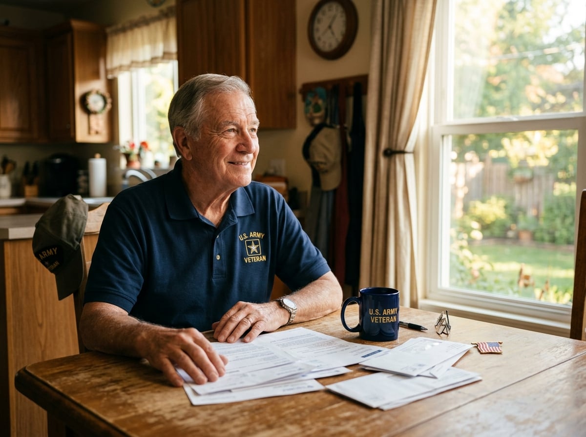 An older wartime veteran at home, reassured about steady monthly income