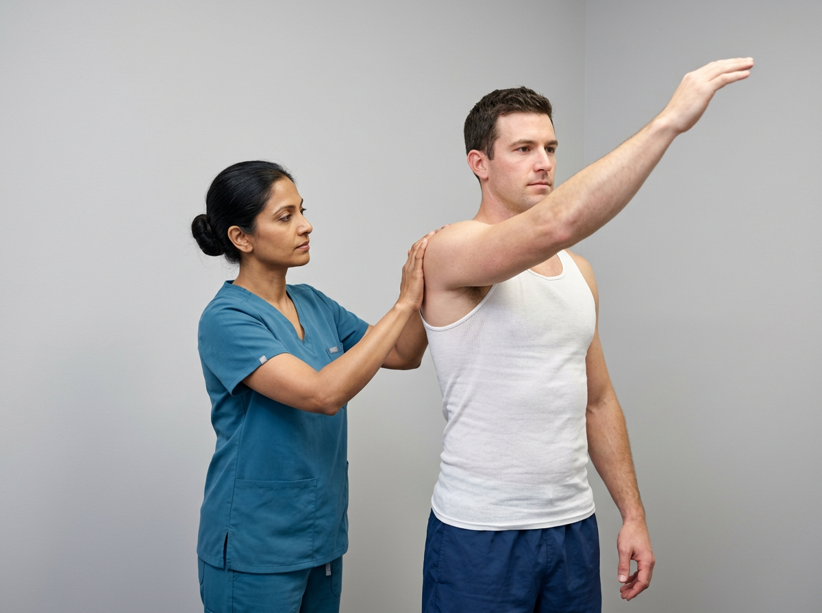 A South Asian woman clinician performing the scapular assistance test on a white male veteran, stabilizing his scapula while he raises his arm