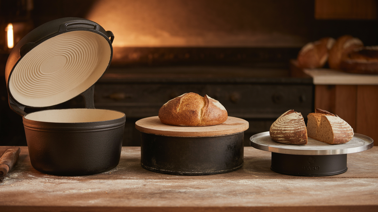 Dutch oven, pizza stone, and baking steel displayed side by side with fresh sourdough loaves
